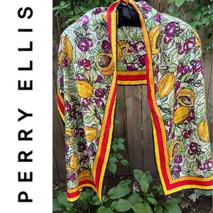 🌰Vintage 80s/90s Silk Fruit & Nut Multicolor Print Oblong Scarf by Perry Ellis